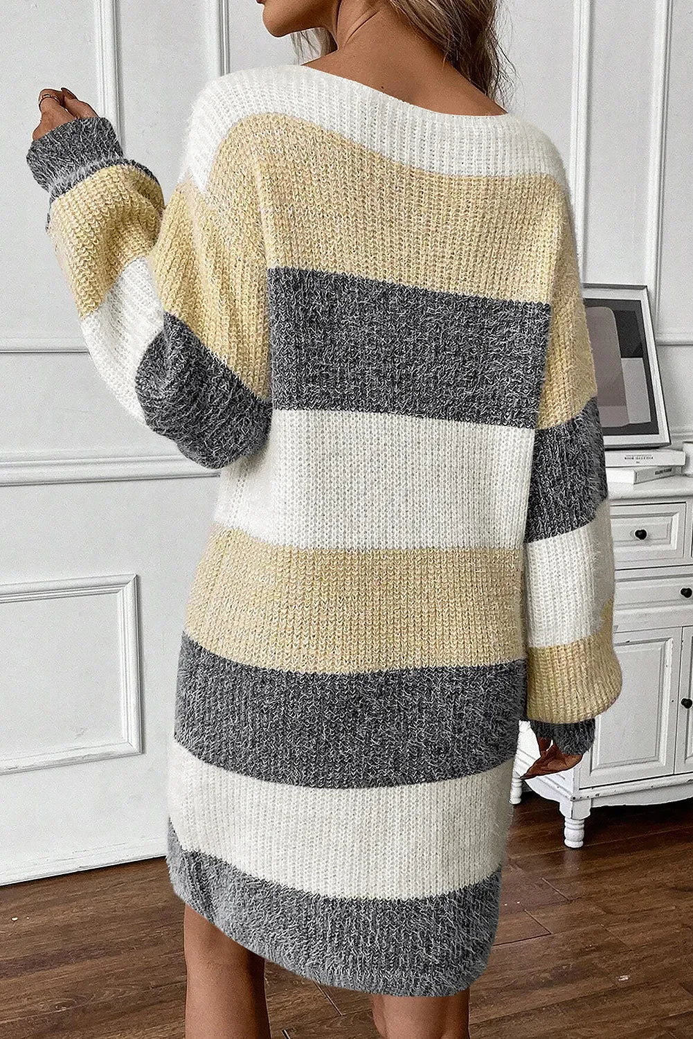 Color Block Boat Neck Long Sleeve Sweater Dress - tif-shop24.de