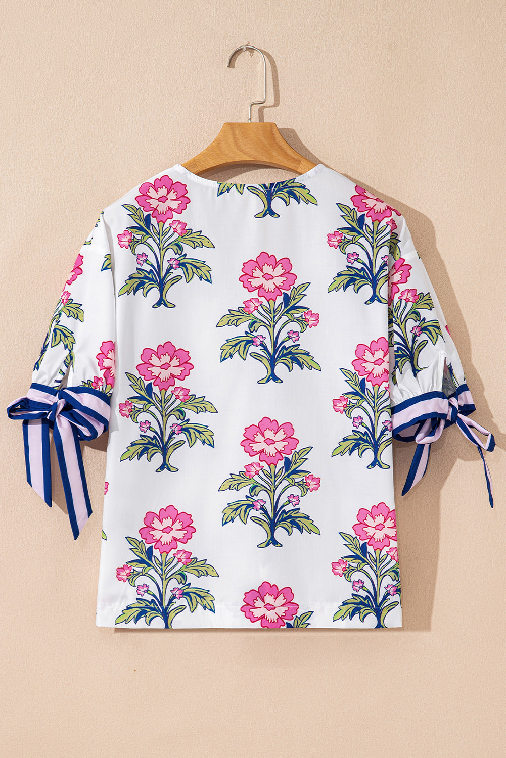 White Floral Print Knot Bubble Sleeve V Neck Blouse