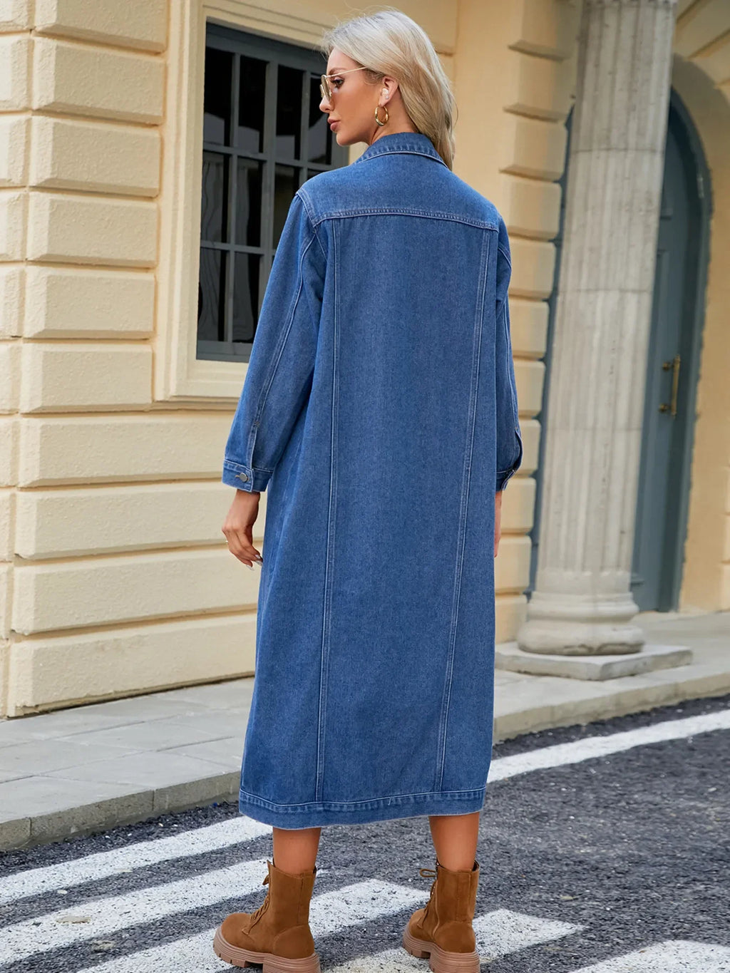 Button Up Long Sleeve Longline Denim Jacket - tif-shop24.de