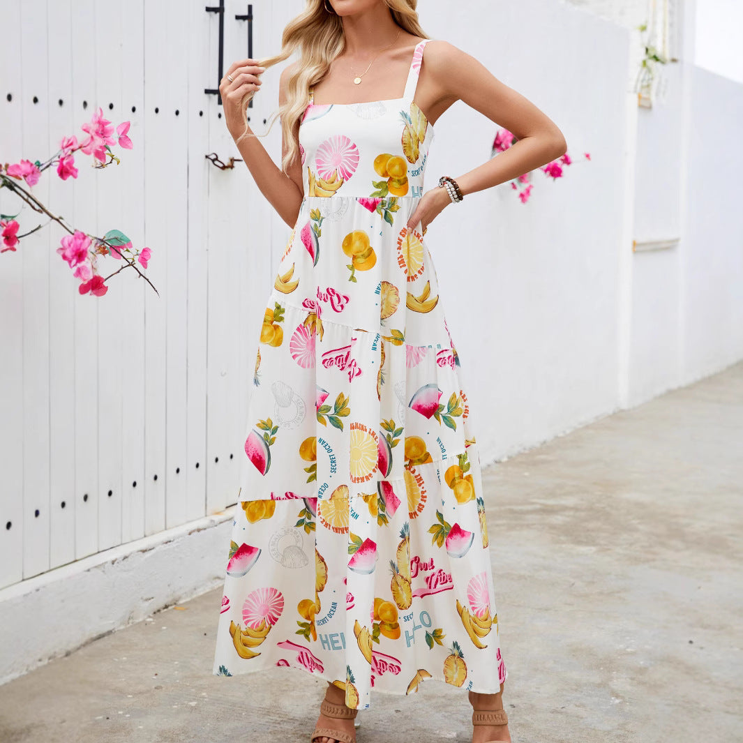 Real Shot Fruit Sun Beach Vacation Casual Print Strapless Dress Summer Bohemian Long Dress