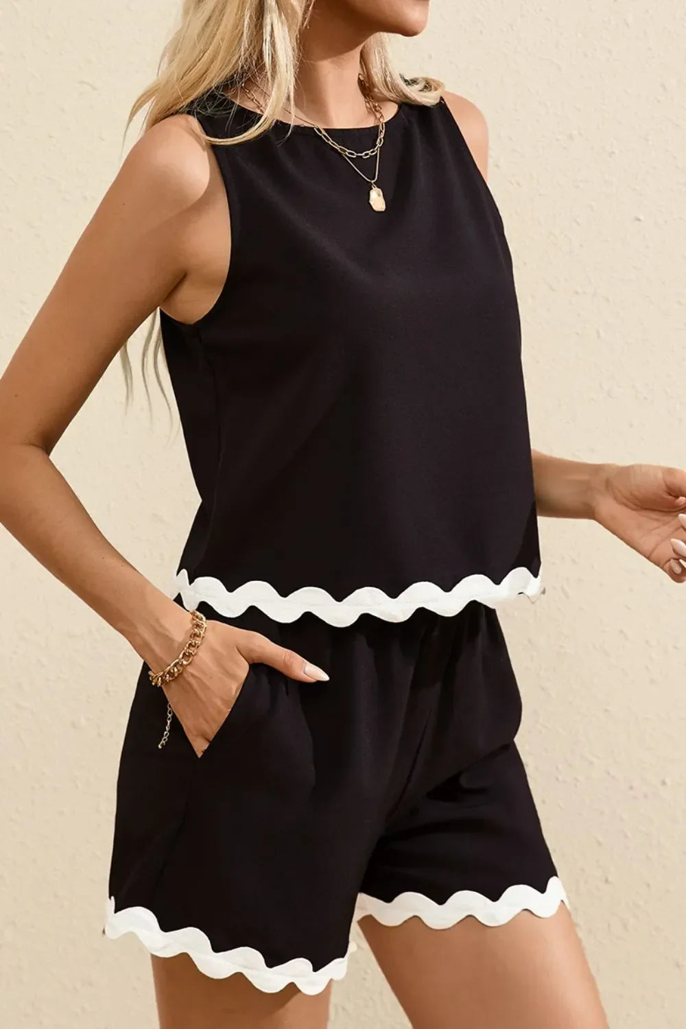 Ricrac Trim Tank Top and Elastic Waist Shorts Set - tif-shop24.de