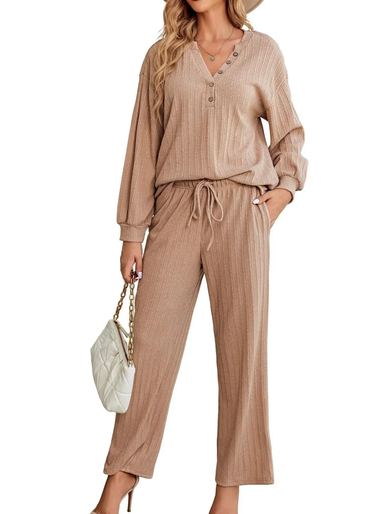 Ribbed Knit Top and Pants Lounge Set with Button Detail - tif-shop24.de