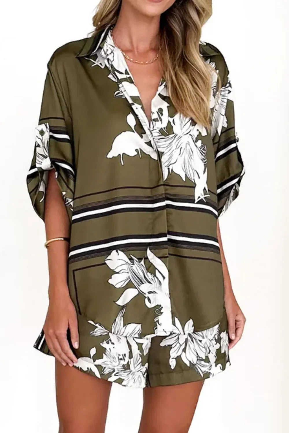 Printed Collared Neck Top and Shorts Set - tif-shop24.de