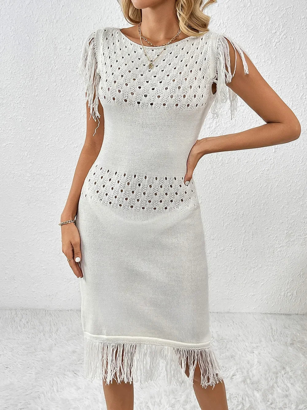 Fringe Openwork Boat Neck Knit Dress - tif-shop24.de