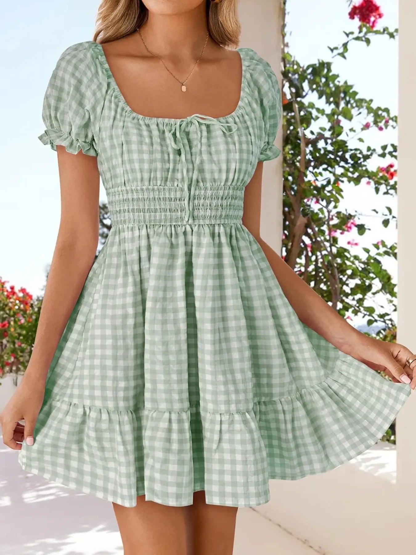 Gingham Sommerkleid mit Puffärmeln - Smocked Summer Dress - tif-shop24.de