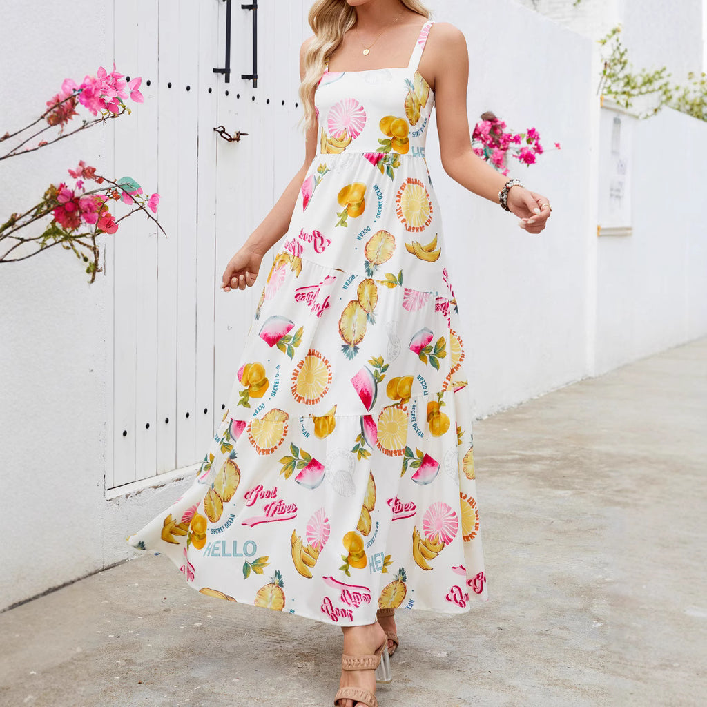 Real Shot Fruit Sun Beach Vacation Casual Print Strapless Dress Summer Bohemian Long Dress