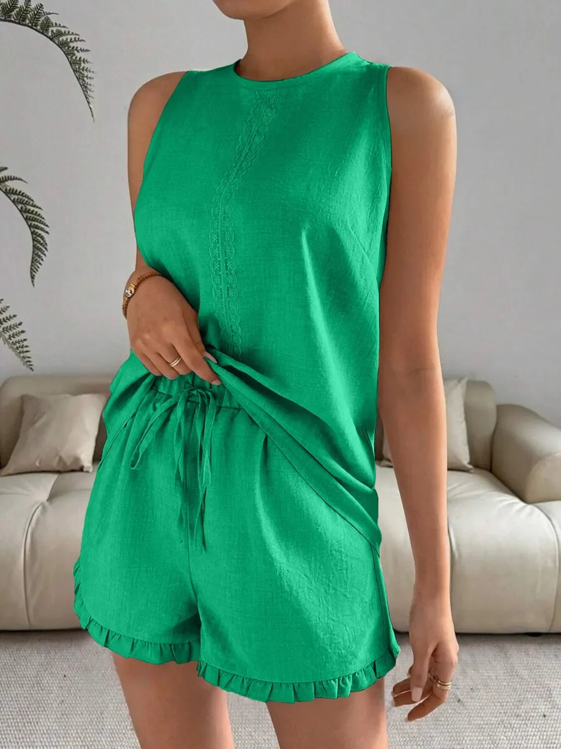 Lace Detail Round Neck Tank and Shorts Set - tif-shop24.de