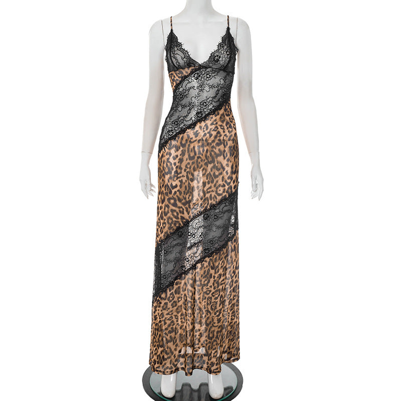 Foreign Trade New Women's Leopard Print Spliced Lace Deep V Neck Strap Mermaid Long Dress