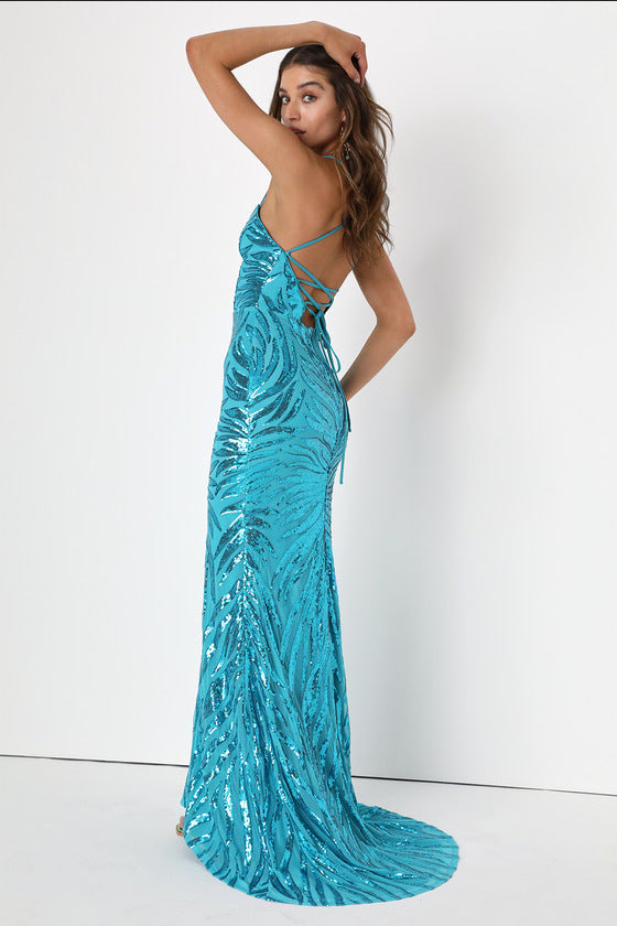 Women's Party Sequined Sexy Dress in leuchtendem Himmelblau mit elegantem Rückendetail und glitzernden Pailletten.
