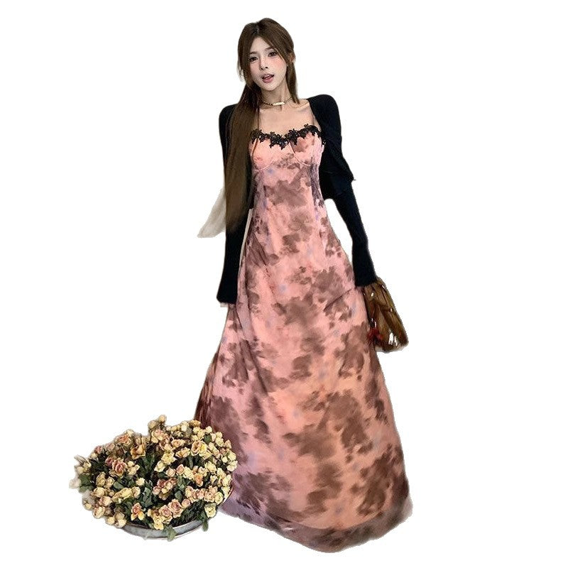 Romantic Lace Patchwork Tie-Dye Strap Dress Set for Women, Summer Lightweight Sun Protection Cardigan, Sweet and Spicy Fitted Long Dress