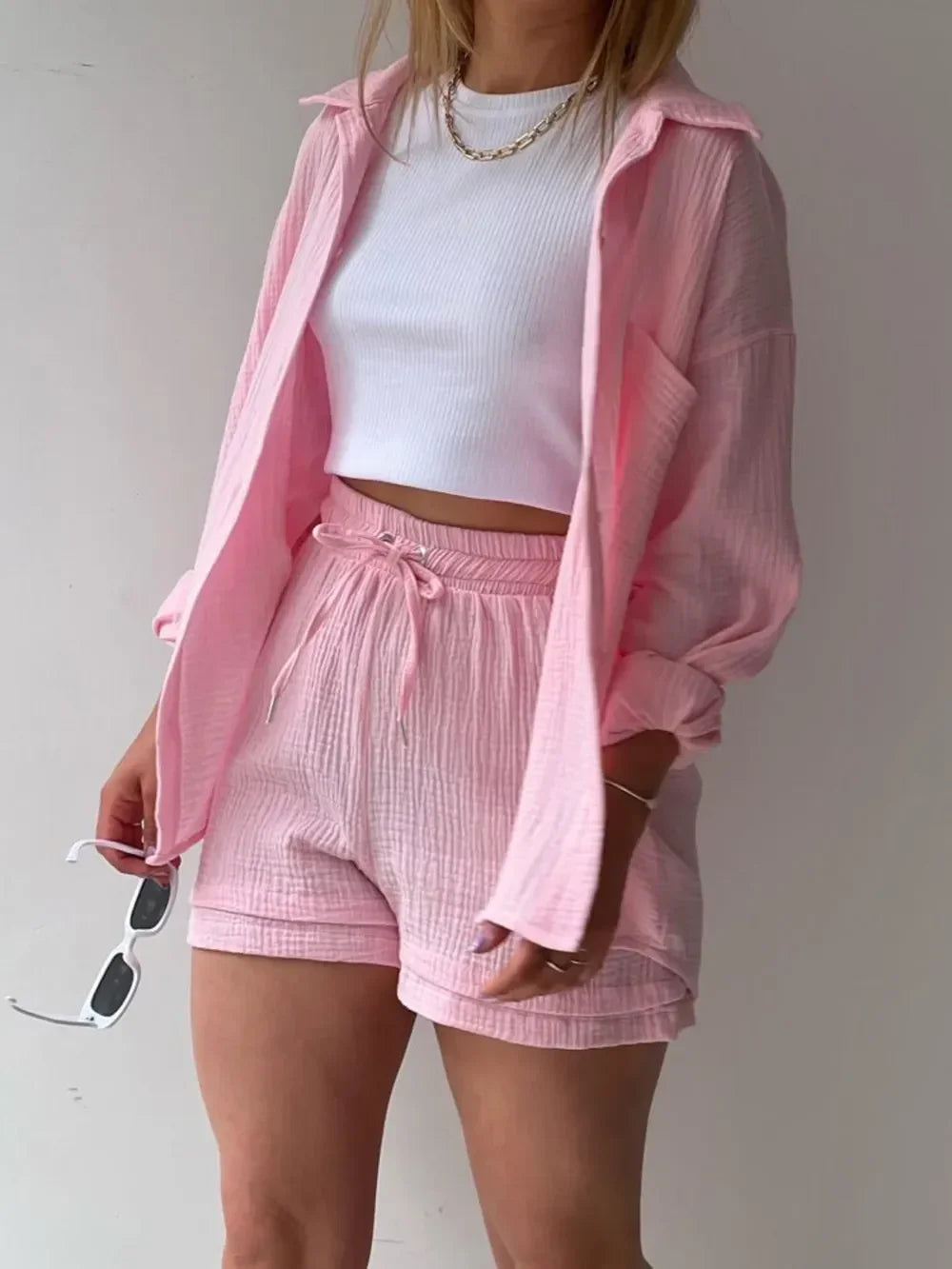 Texture Button Up Shirt and Drawstring Shorts Set - tif-shop24.de