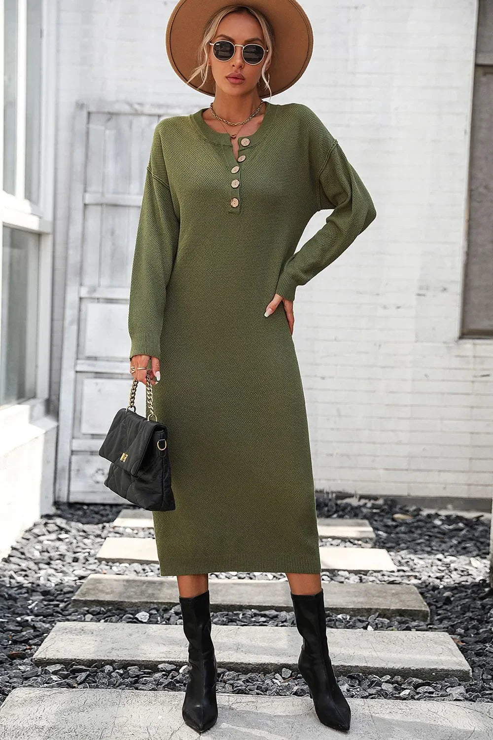 Decorative Button Notched Dropped Shoulder Sweater Dress - tif-shop24.de