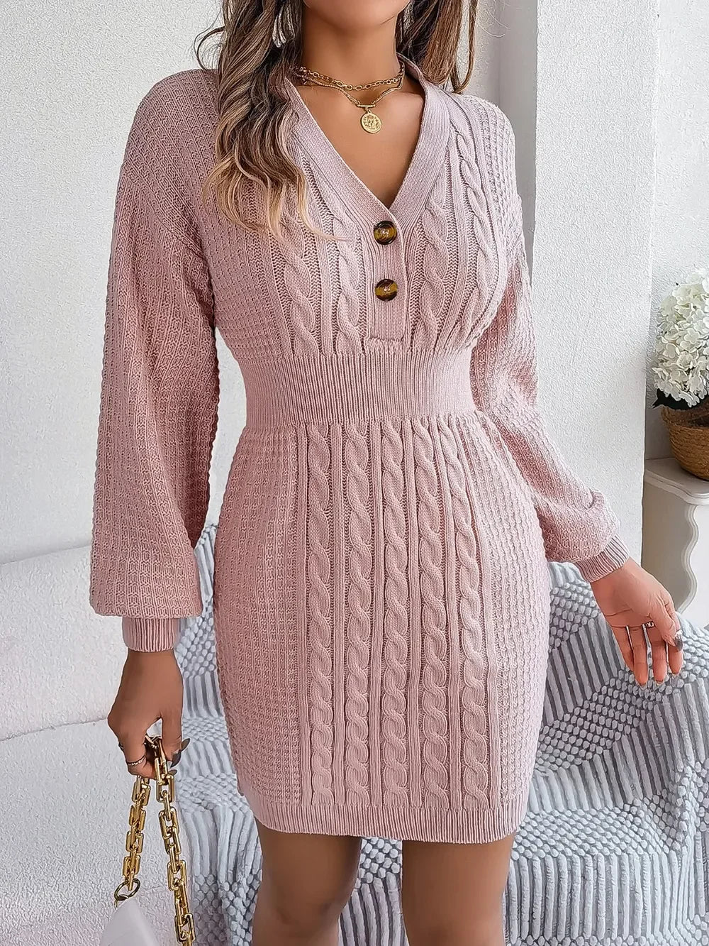 Buttoned Cable-Knit V-Neck Sweater Dress - tif-shop24.de