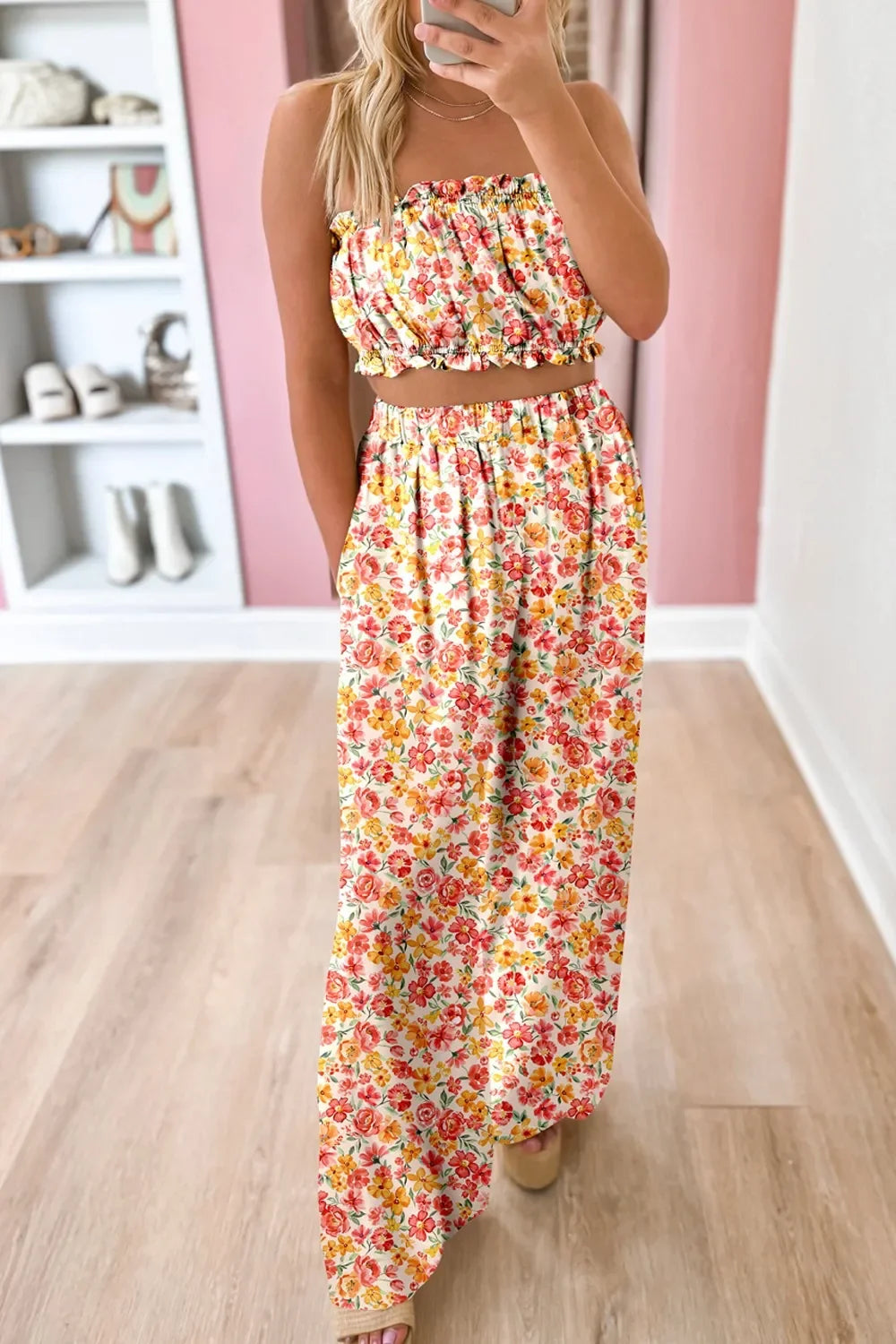 Boho Floral Bandeau Top and High Waist Wide Leg Pants Set - tif-shop24.de