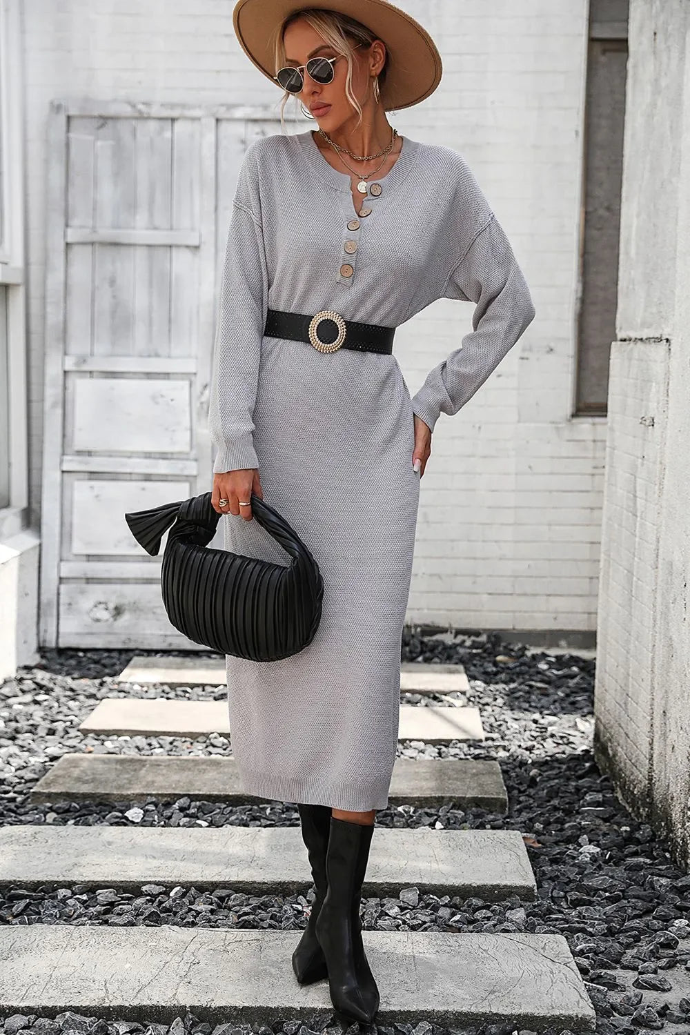 Decorative Button Notched Dropped Shoulder Sweater Dress - tif-shop24.de