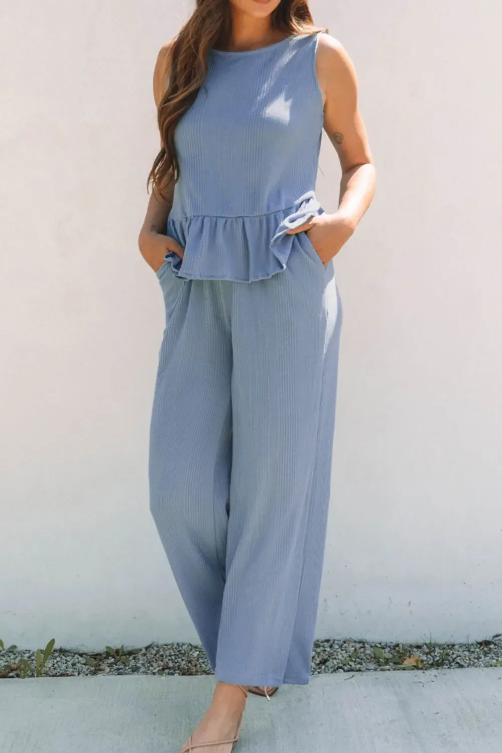 Color Ribbed Ruffle Tank Top and Pants Set - tif-shop24.de