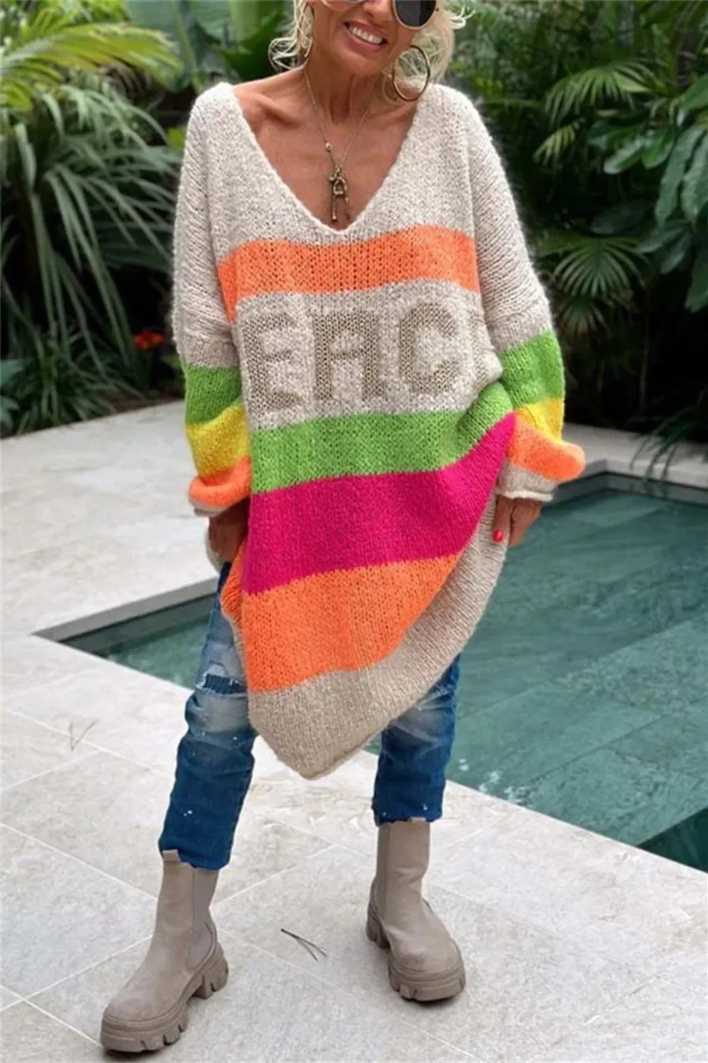 Color Block V-Neck Long Sleeve Sweater Dress - tif-shop24.de