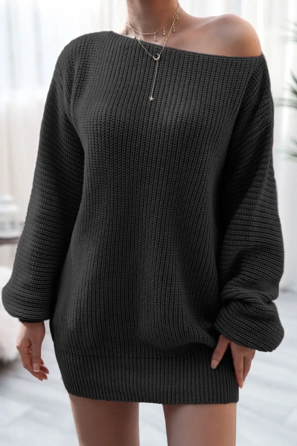 Boat Neck Long Sleeve Mini Sweater Dress - tif-shop24.de