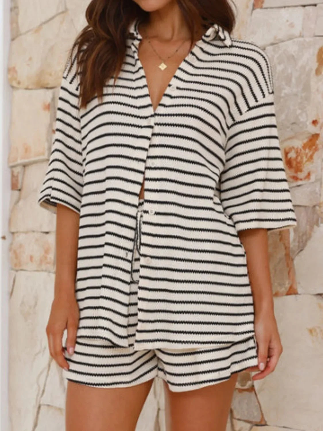 Striped Half Sleeve Top and Shorts Set - tif-shop24.de