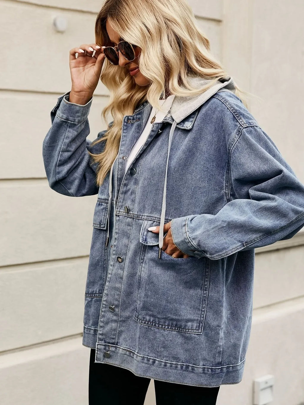Oversized Button Up Denim Jacket with Hood - tif-shop24.de