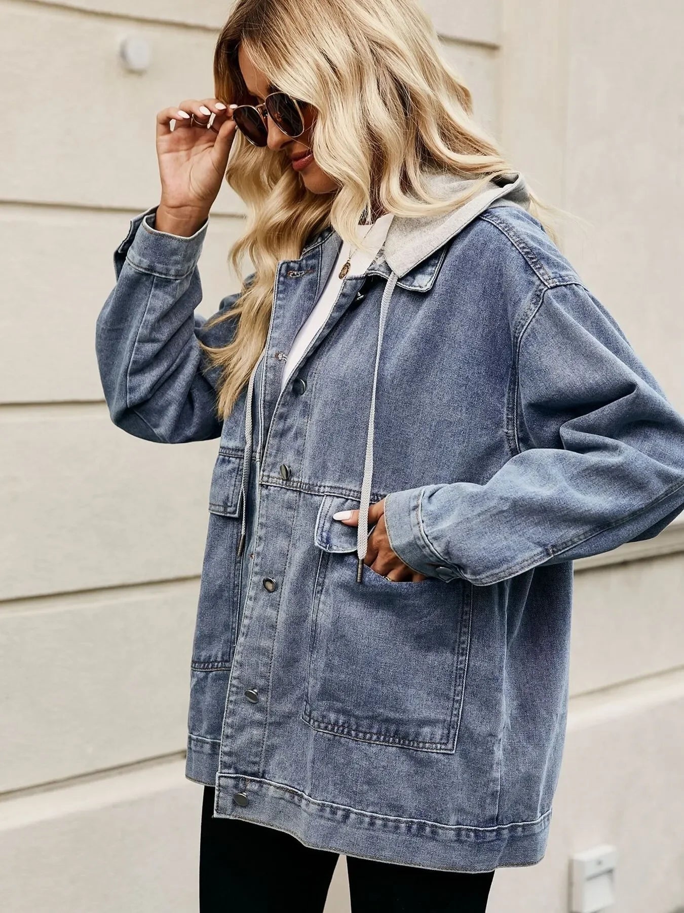 Oversized Button Up Denim Jacket with Hood - tif-shop24.de