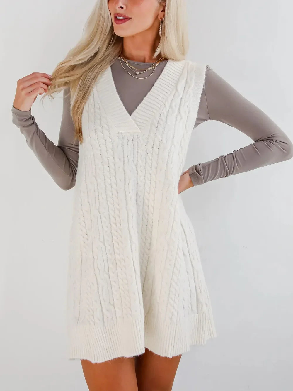 Lovelet Cable Knit V-Neck Mini Sweater Overall Dress - tif-shop24.de