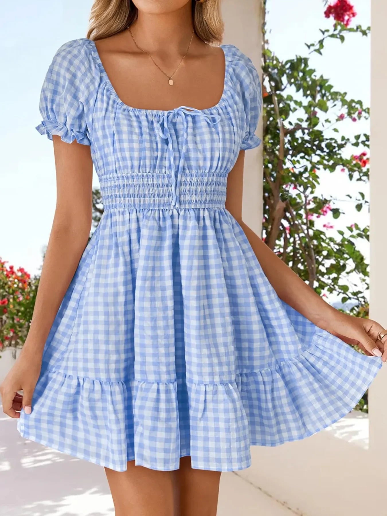 Gingham Sommerkleid mit Puffärmeln - Smocked Summer Dress - tif-shop24.de