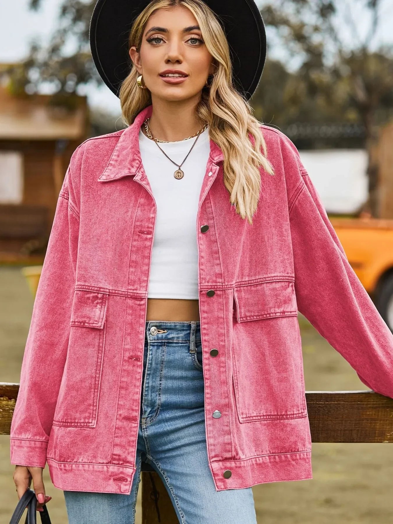 Oversized Button Up Denim Jacket with Hood - tif-shop24.de