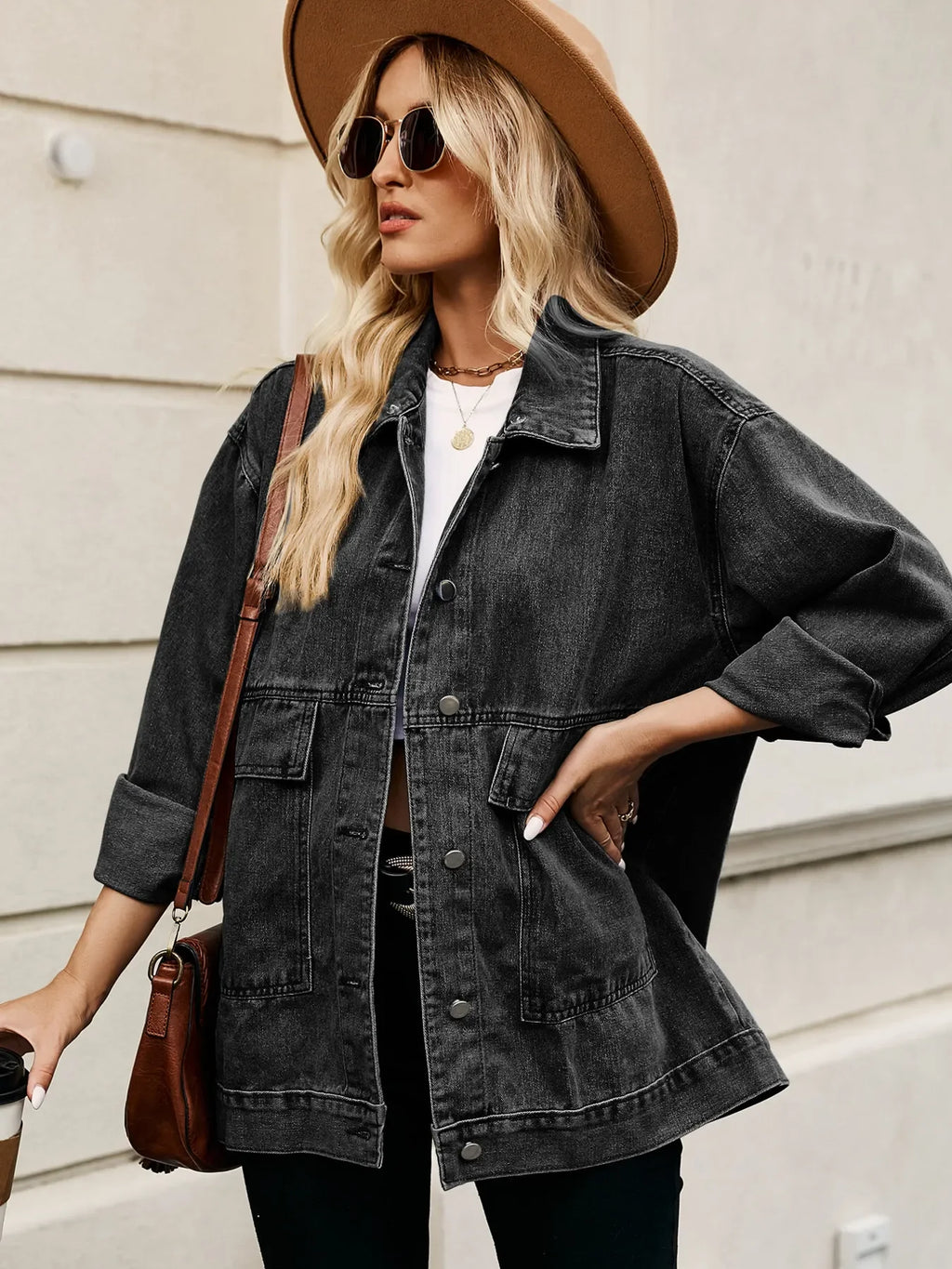 Oversized Button Up Denim Jacket with Hood - tif-shop24.de
