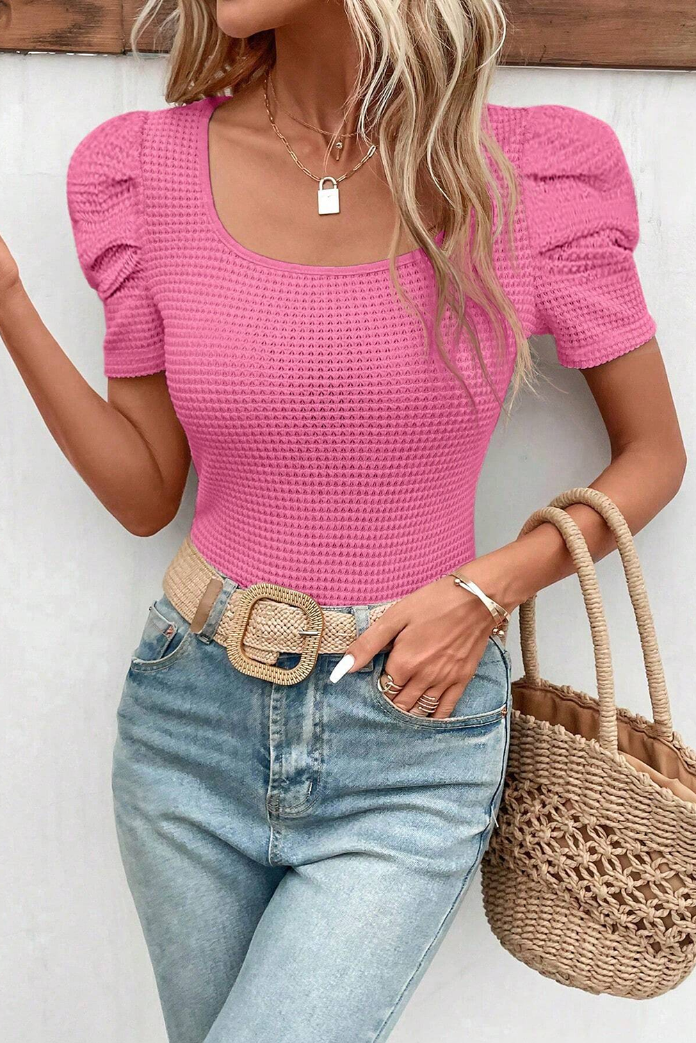 Bright Pink Scoop Neck Waffle Knit Puff Sleeve Top