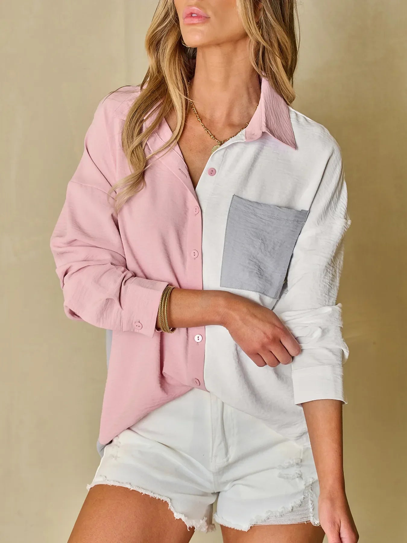 Color Block Oversized Button-Up Shirt with Chest Pocket - tif-shop24.de