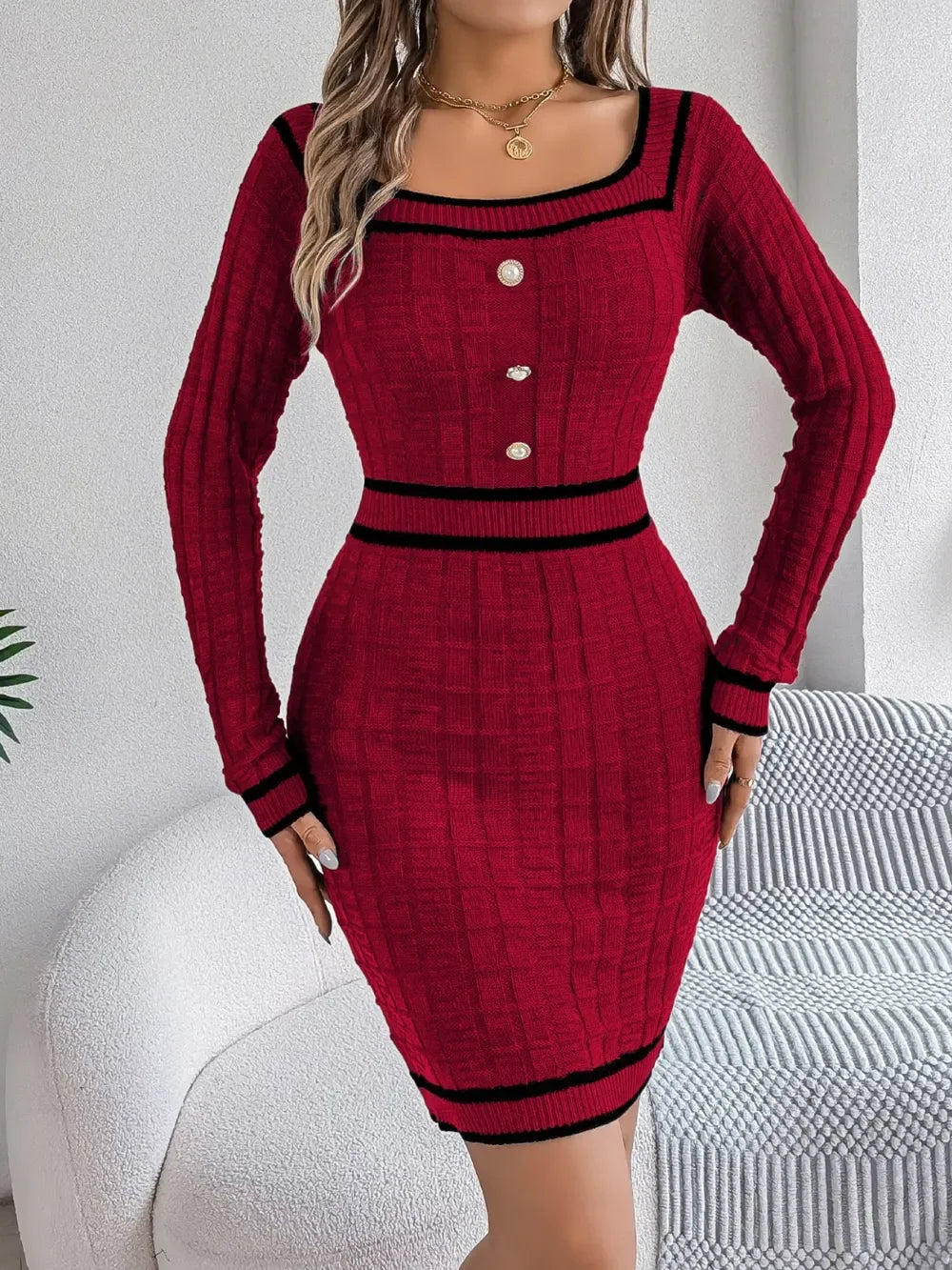 Contrast Trim Long Sleeve Sweater Dress - tif-shop24.de