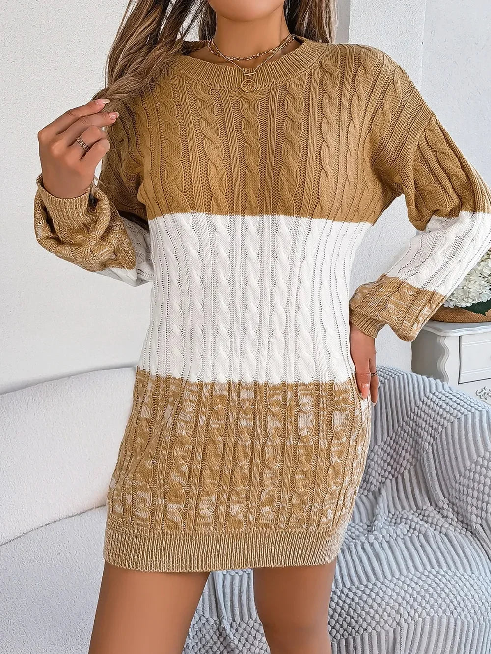 Cable-Knit Round Neck Color Block Sweater Dress - tif-shop24.de