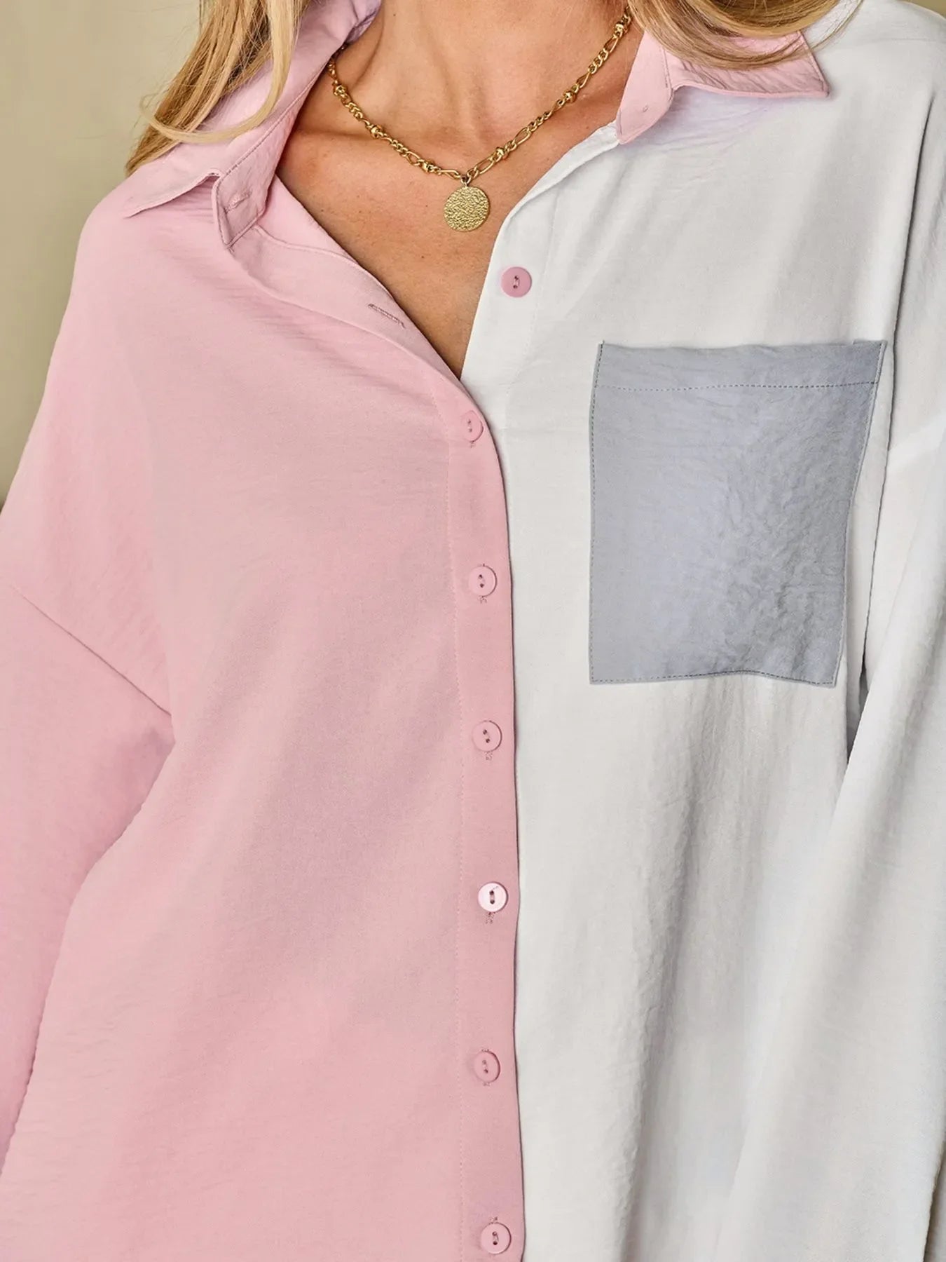 Color Block Oversized Button-Up Shirt with Chest Pocket - tif-shop24.de