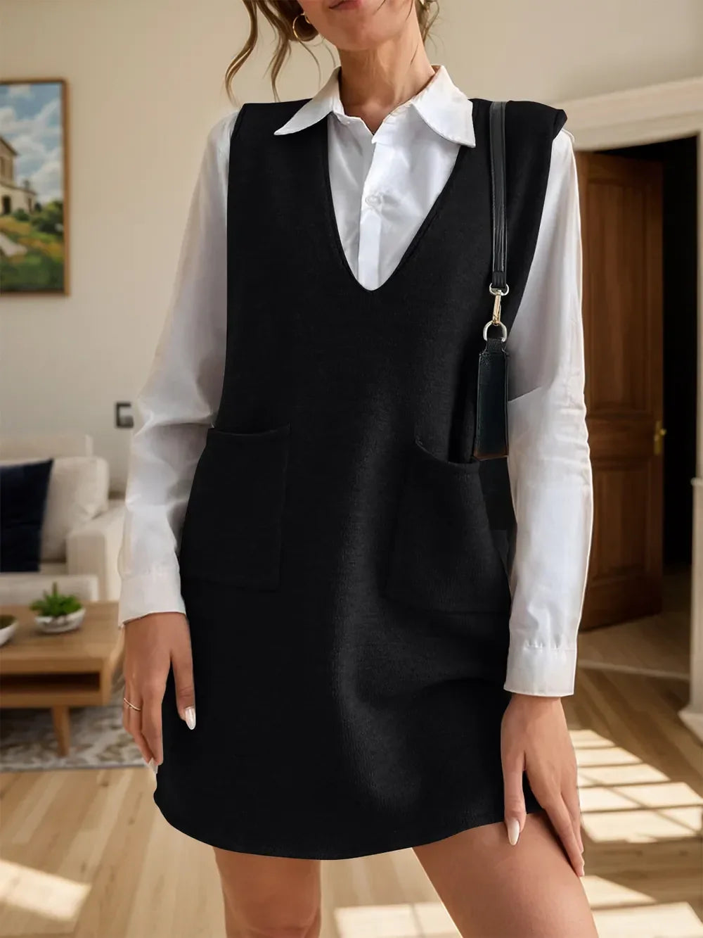 V-Neck Sleeveless Sweater Dress with Pockets - tif-shop24.de