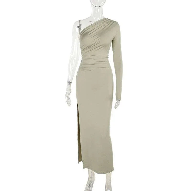 Women's slim sloping shoulder pleated single sleeve dress - tif-shop24.de