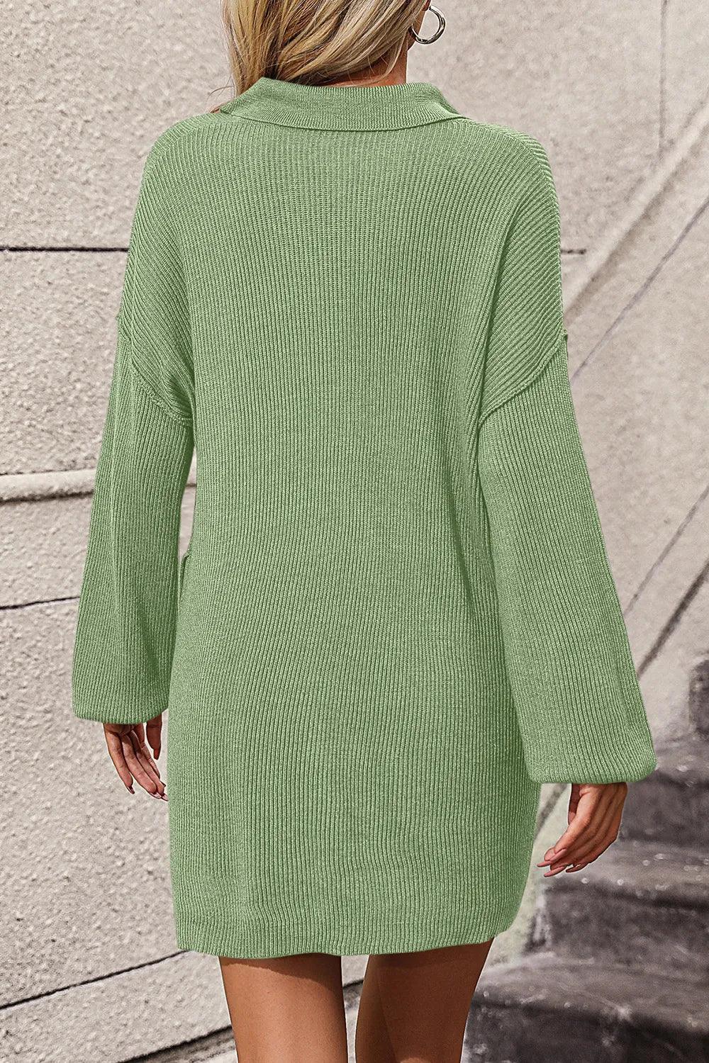 Collared Neck Long Sleeve Sweater Dress with Pockets - tif-shop24.de