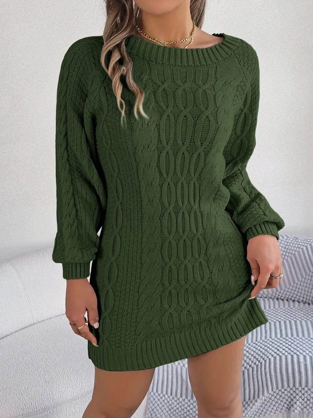 Cable-Knit Round Neck Sweater Dress - tif-shop24.de