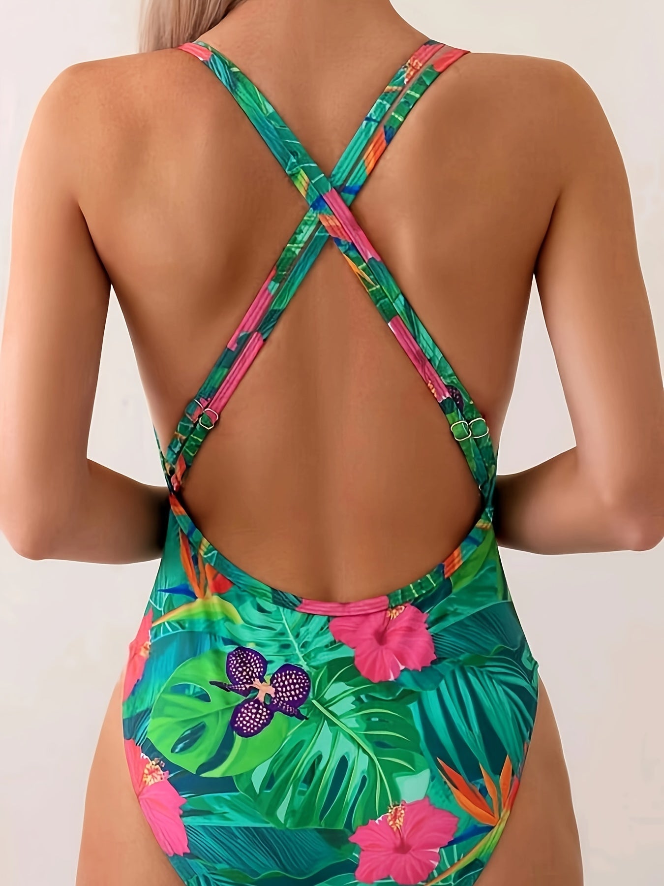 Tropical Print Einteiliger Badeanzug, Ring-Verknüpfte Kreuzgurte Rückenfreie Badeanzüge