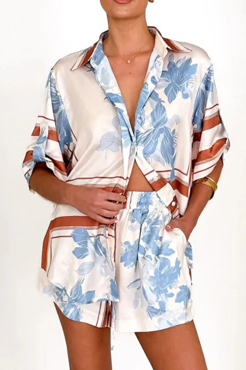 Printed Collared Neck Top and Shorts Set - tif-shop24.de