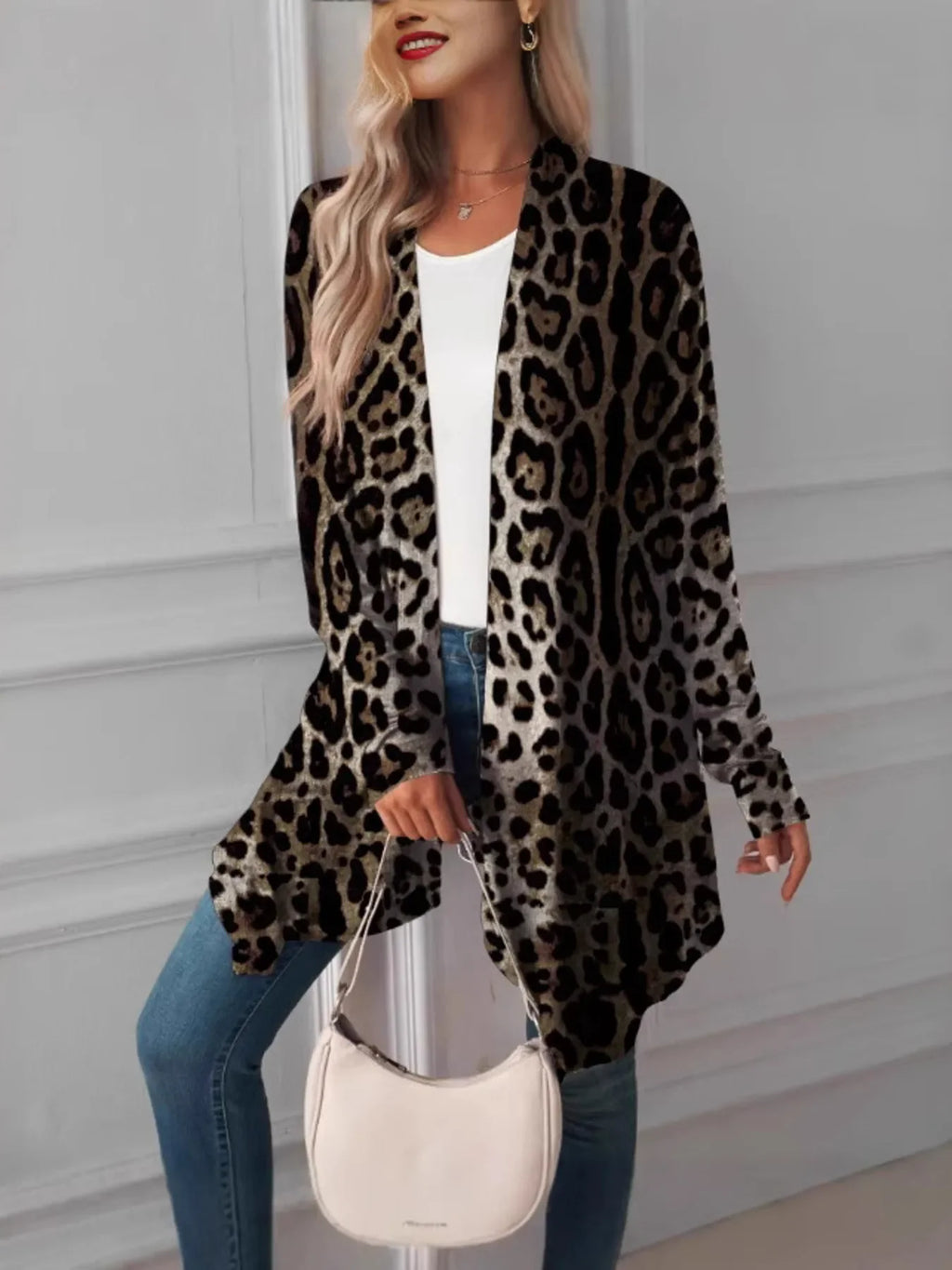 Leopard Print Long Open Front Cardigan - tif-shop24.de