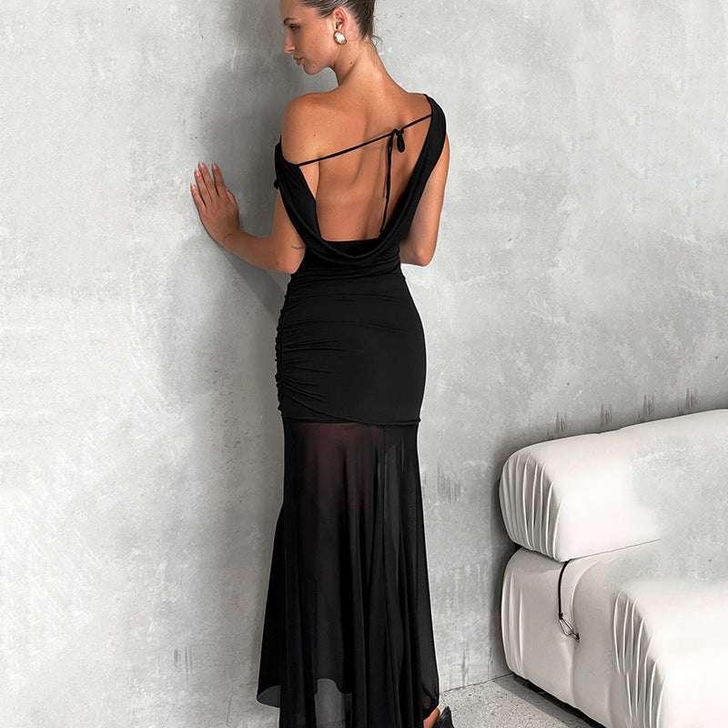 Pocket neck backless mesh dress - tif-shop24.de