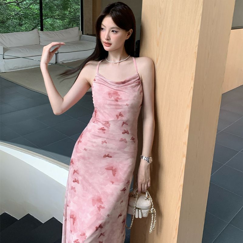 Pink Fairy-Like Butterfly Mesh Dress with Print, Swing Neckline, Strap, Printed Bow, Sweet and Romantic Mid-Length Dress