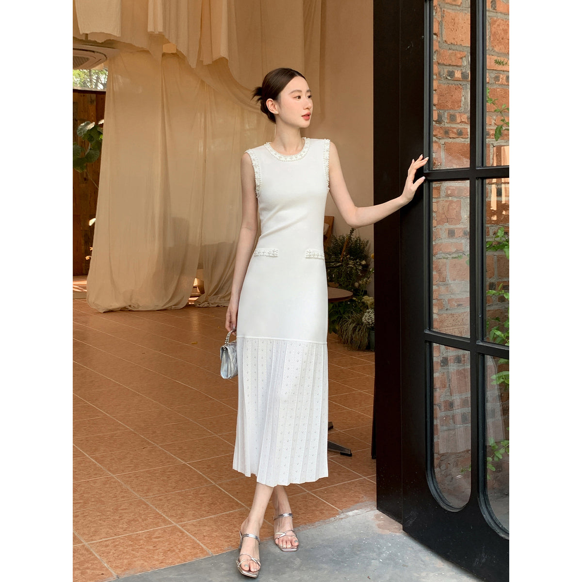 Knitted Pearl Collar Backless Dress Elegant Chic Waist