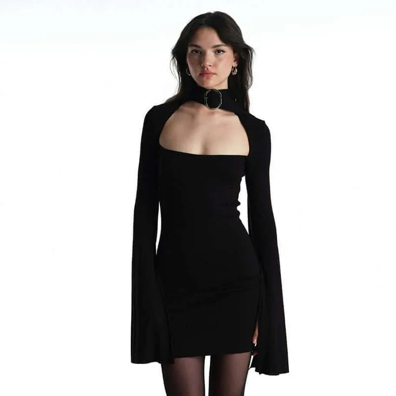 Metal buckle hollowed out long sleeved dress for women - tif-shop24.de