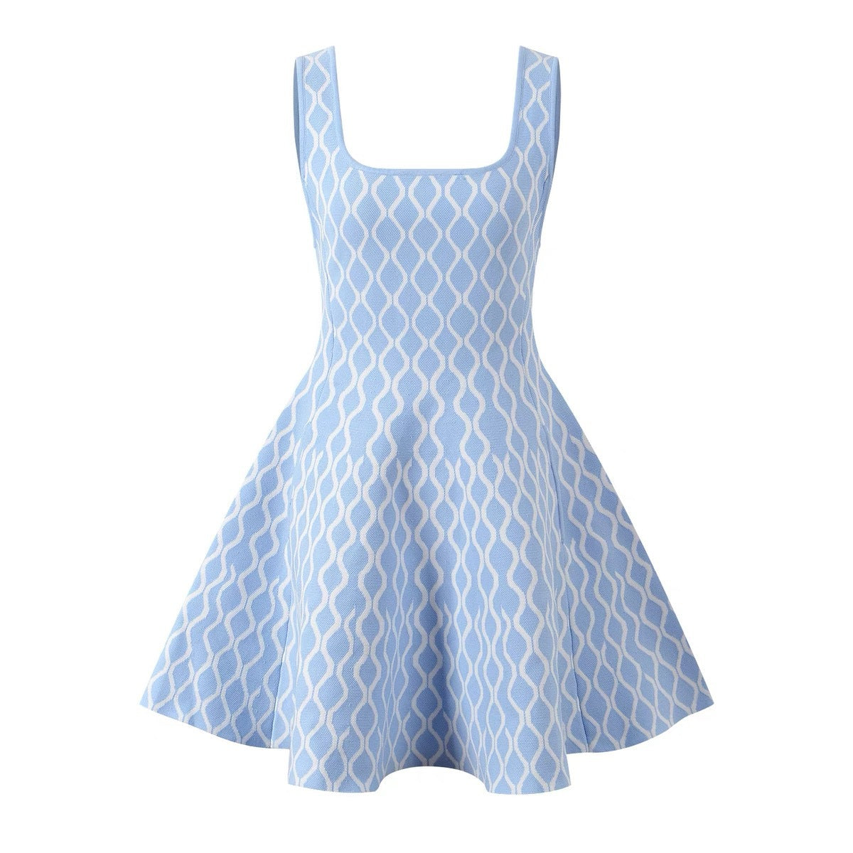 Water Ripple Pattern Sleeveless Strap Neckline A-line Waist-cinching Dress