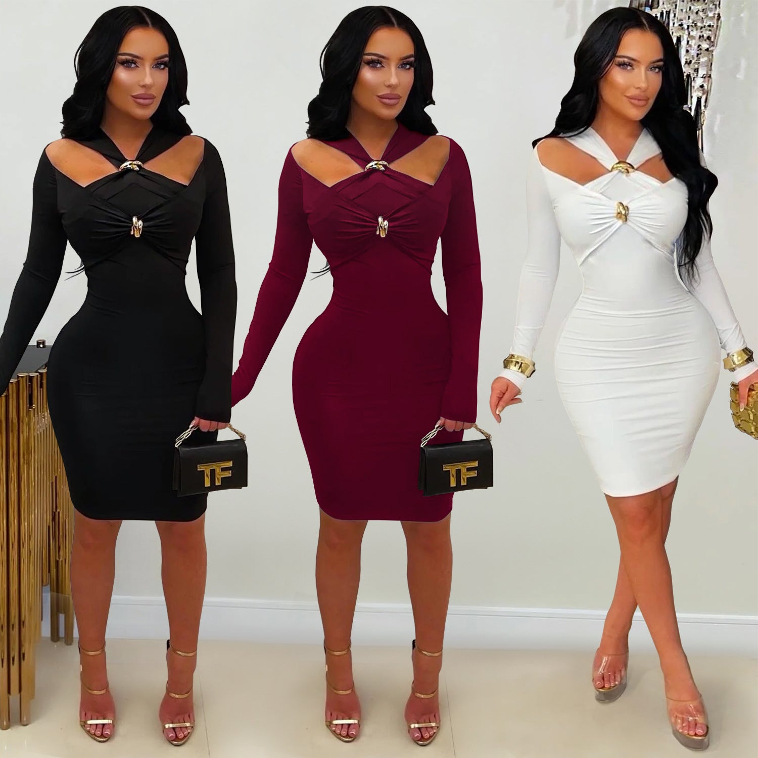 Chic Off-Shoulder Fitted Bodycon Solid Color Dress