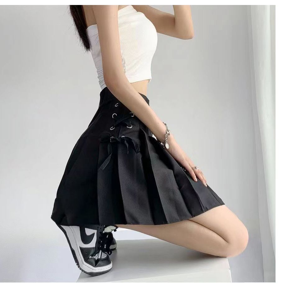 Campus Style Tie Waist Pleated Skirt, High Waist Slim Fit, Pure Color A-Line Mini Skirt, Casual Summer Sporty Look