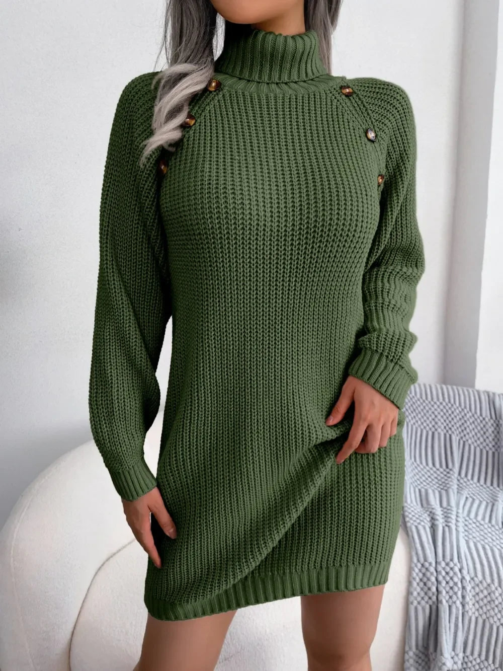 Decorative Button Turtleneck Sweater Dress - tif-shop24.de