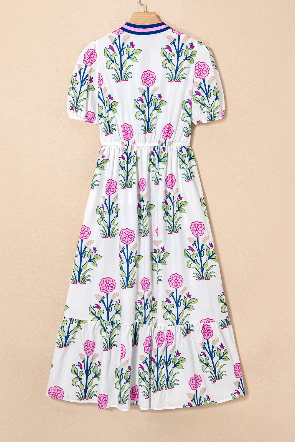 White Floral Ruffle Hem Pop of Color Neckline Dress